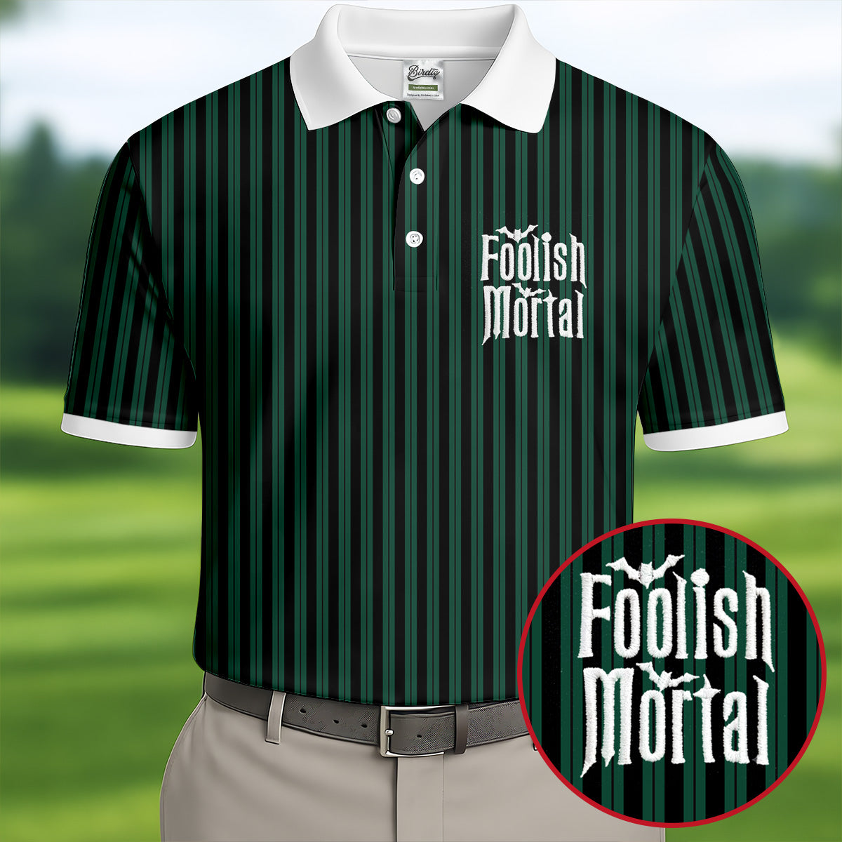 Green Foolish Mortal Striped Golf Polo Shirt, Men's Golf Shirt, Halloween Shirt For Men