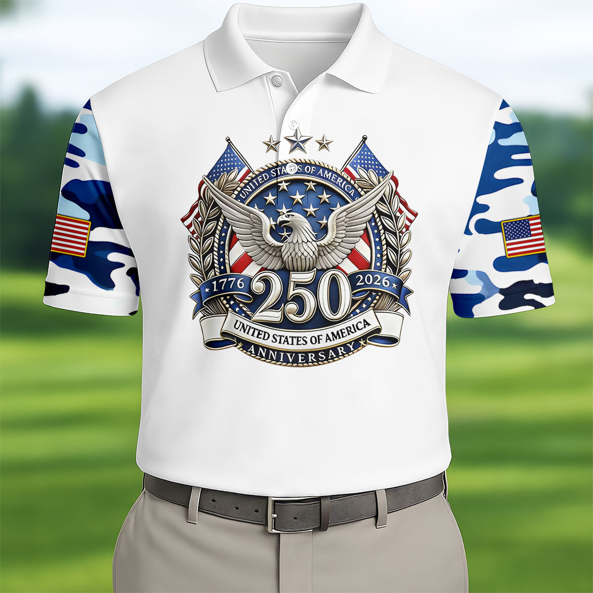 Patriotic Bald Eagle Blue And White Camo White Golf Shirt, 250th Anniversary Golf Shirts For Men