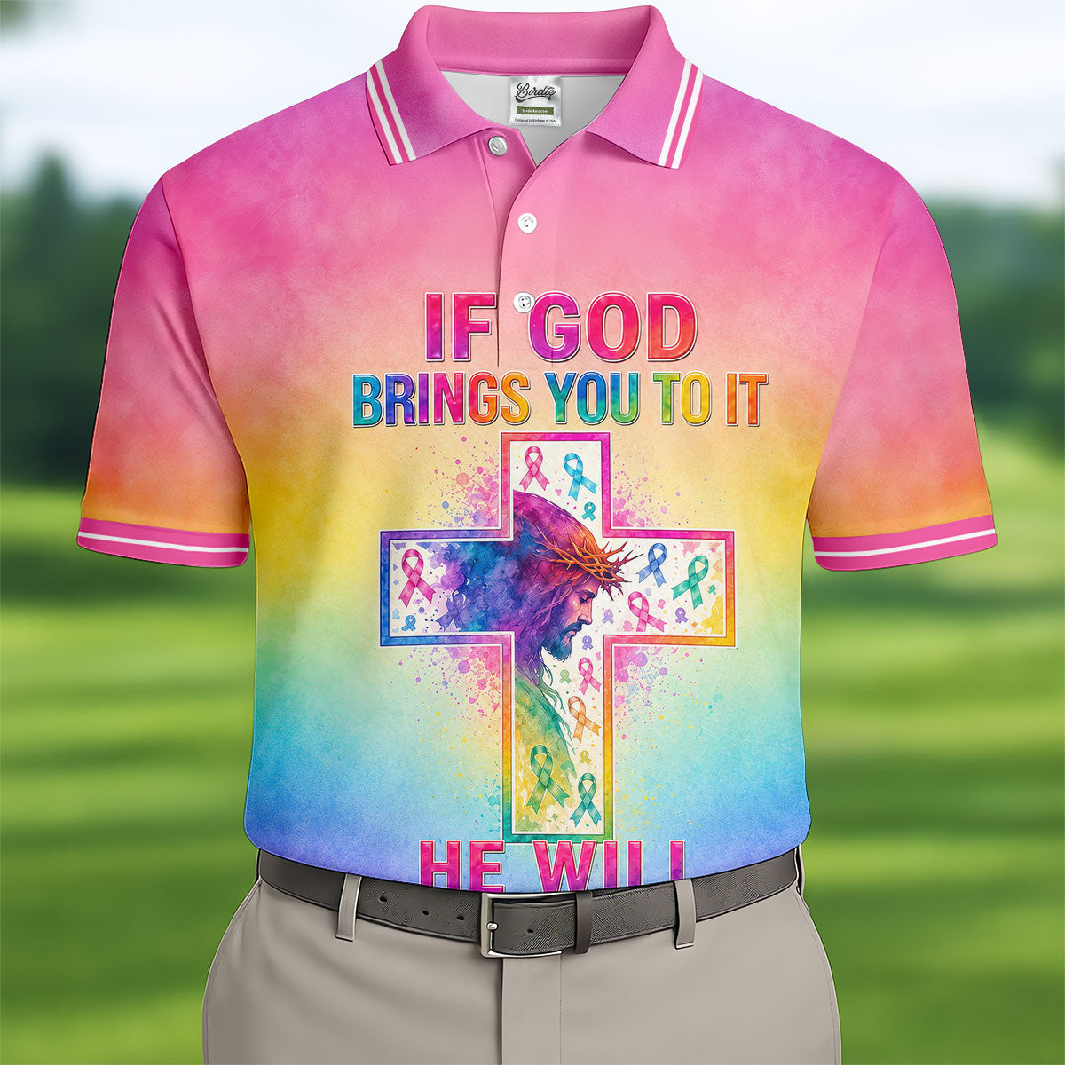 If God Brings You To It Cancer Cross Polo Shirt, Mens Golf Polo, Golf Apparel For Men