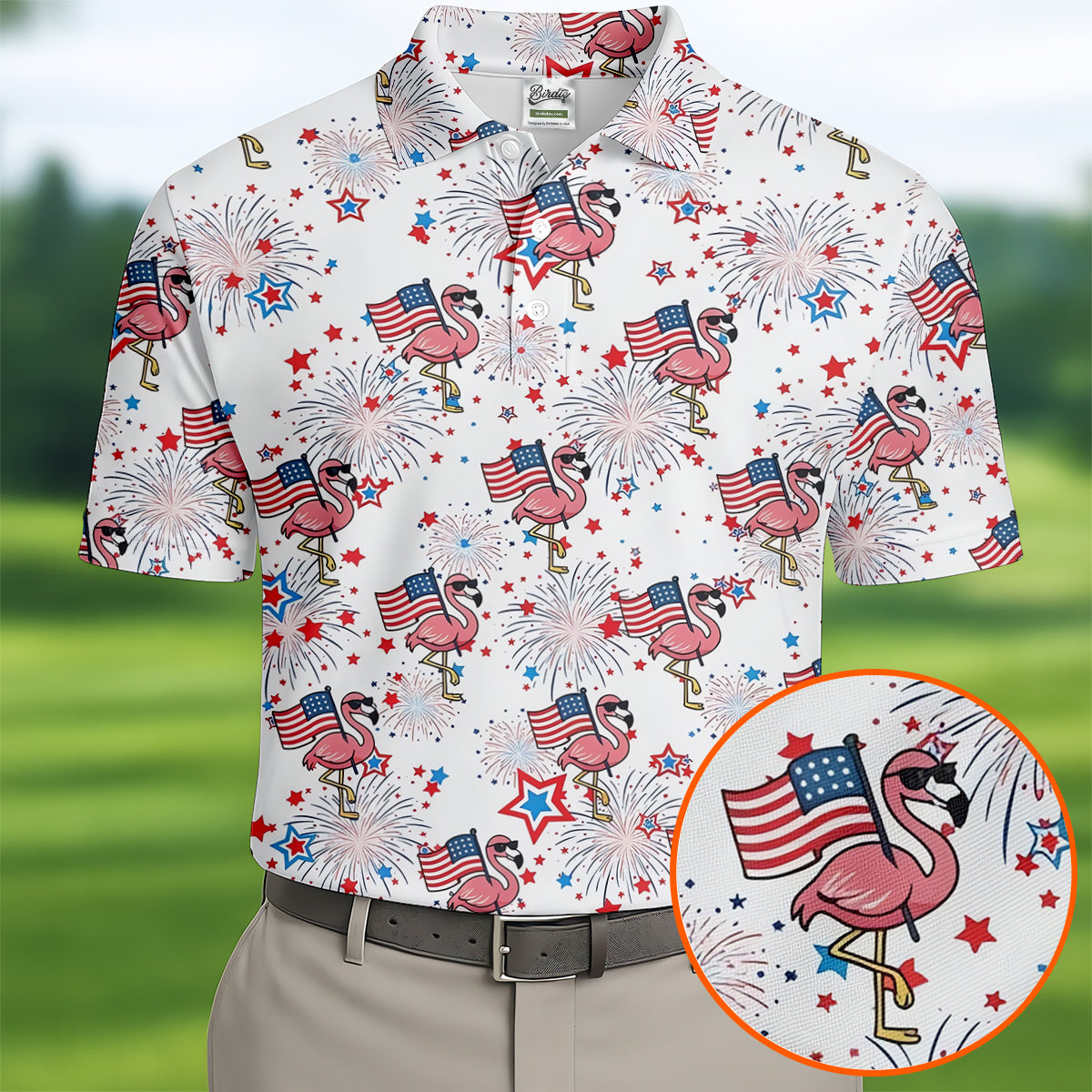 Patriotic Flamingo American Flag Polo Shirt, Mens Golf Polo, Golf Shirts For Men
