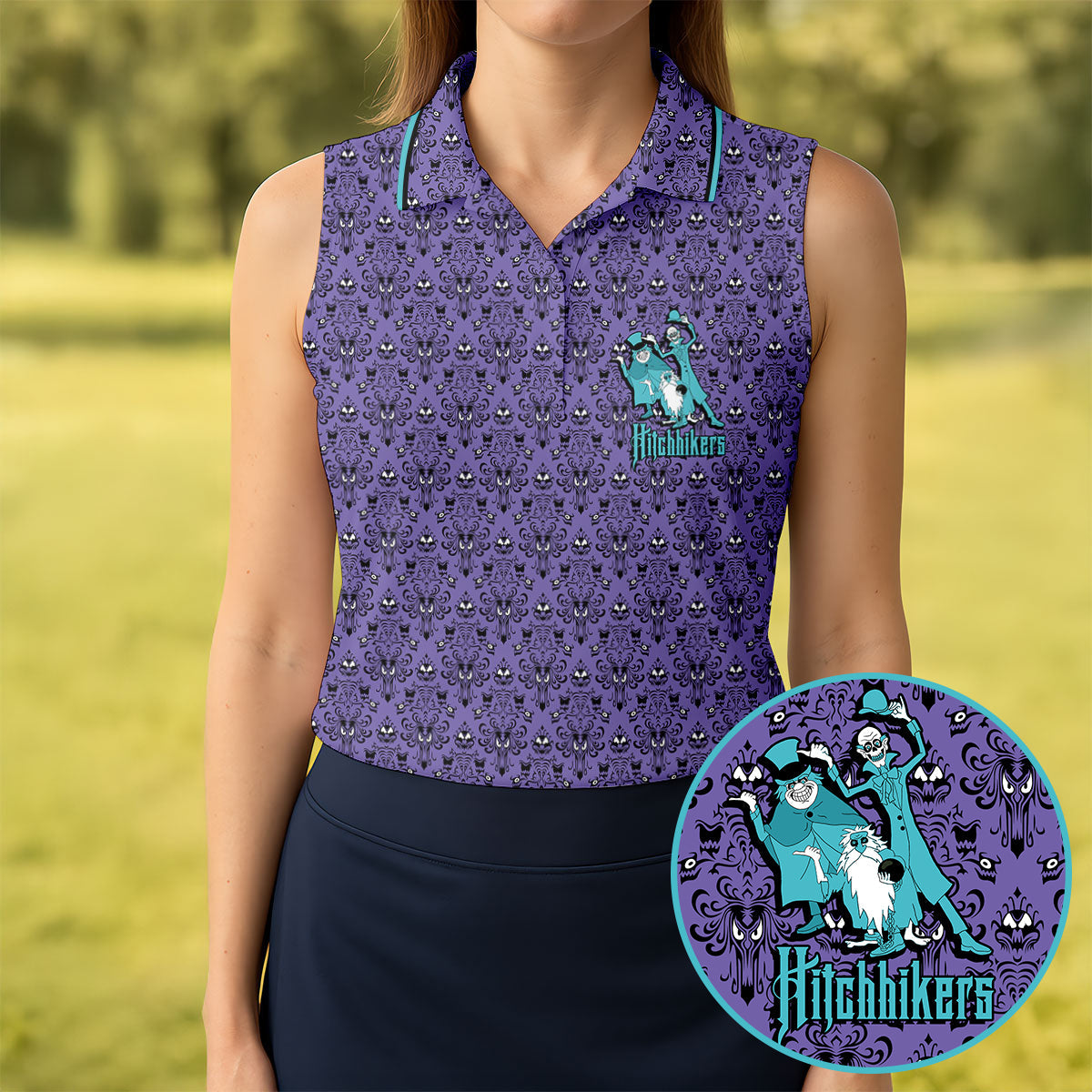 Hitchhikers Horror Character Golf Polo Shirt, Ladies Golf Top, Halloween Shirt For Women