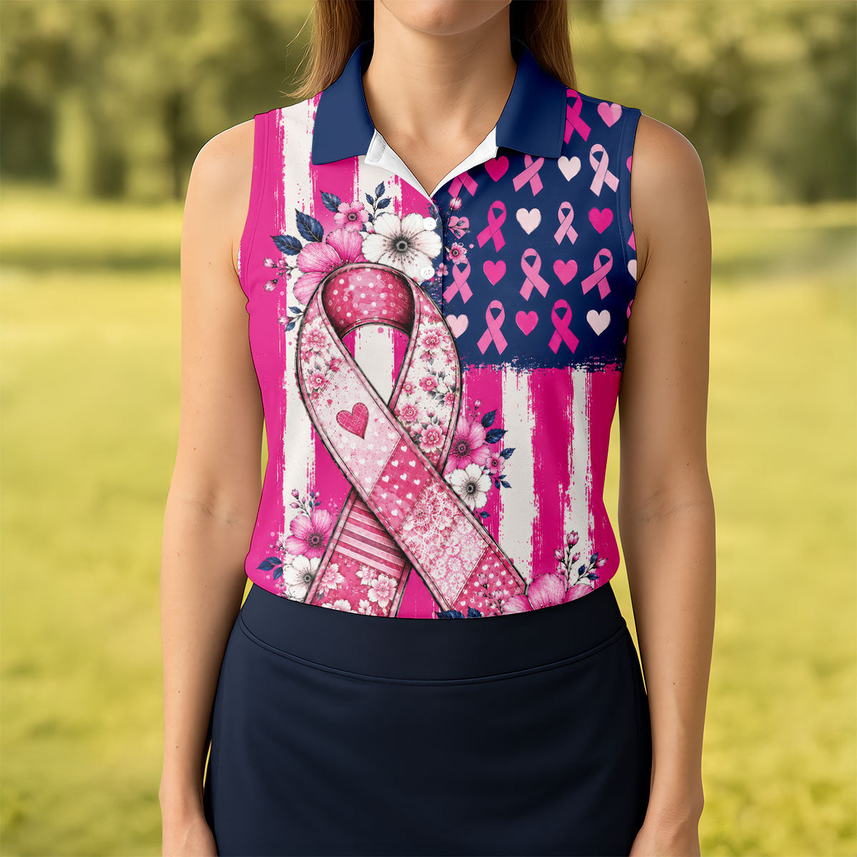 American Flag Pink Breast Cancer Awareness Golf Polo Shirt, Womens Golf Polo, Golf Shirts For Women