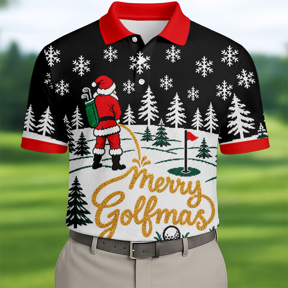 Black Merry Golfmas Christmas Golf Shirt, Long Sleeve Polo Shirts, Mens Polo Shirts