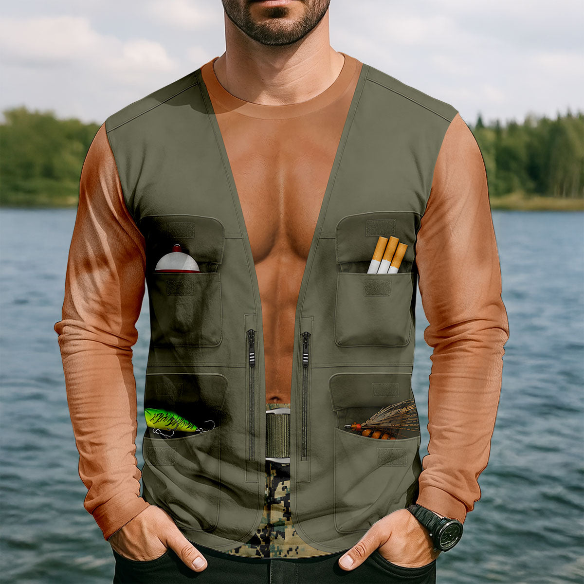 Faux Fishing Vest With Tackle Pockets UPF Shirt, Fishing Apparel For Men, Fishing Shirt