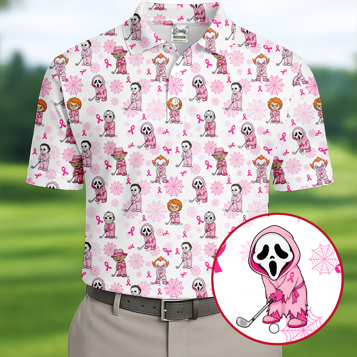 Halloween Horror Character Breast Cancer Polo Shirt, Mens Golf Polo, Golf Apparel For Men