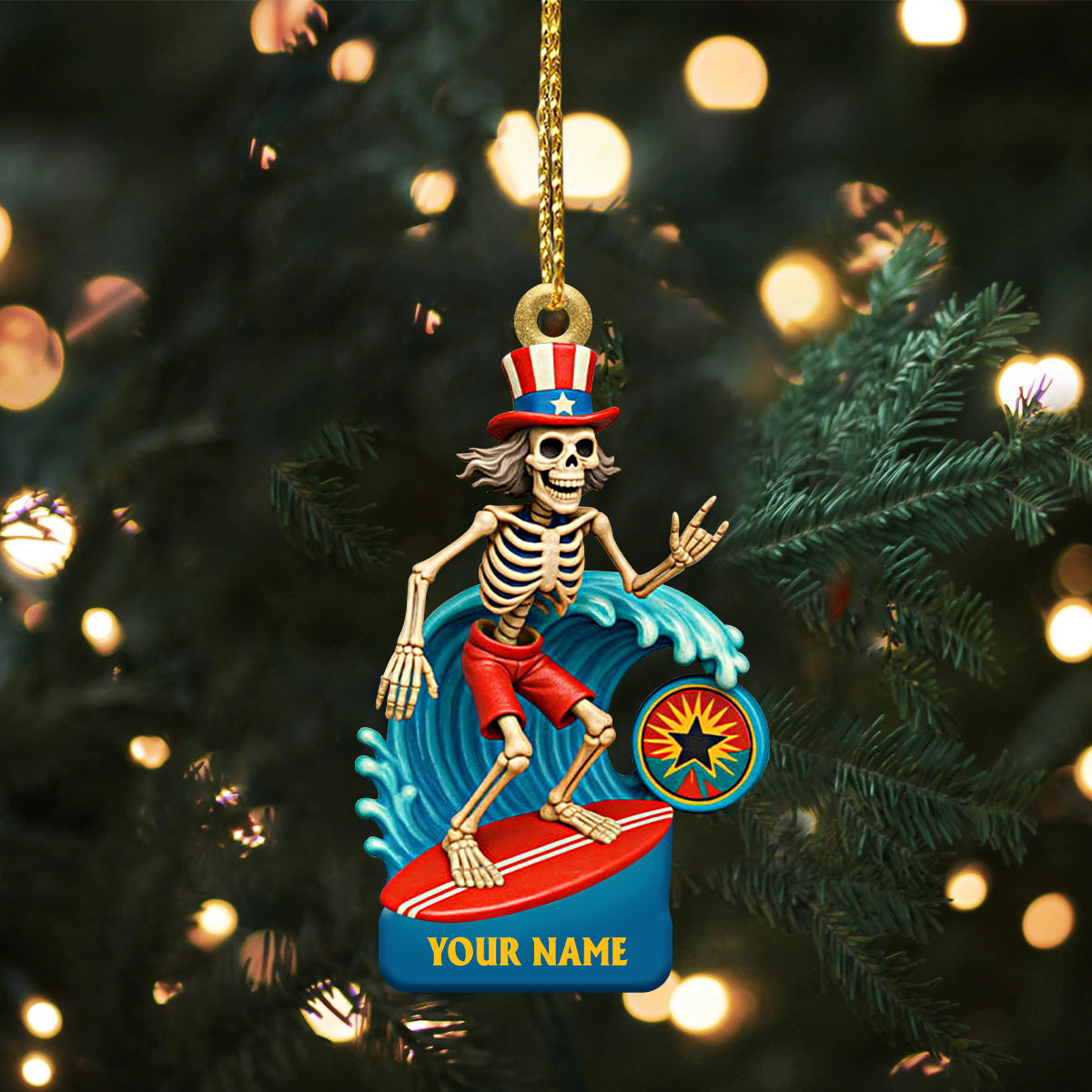 Custom Name Skeleton Surfing Deadhead Acrylic Ornament, Rock Ornament, Gift For Rock Lovers