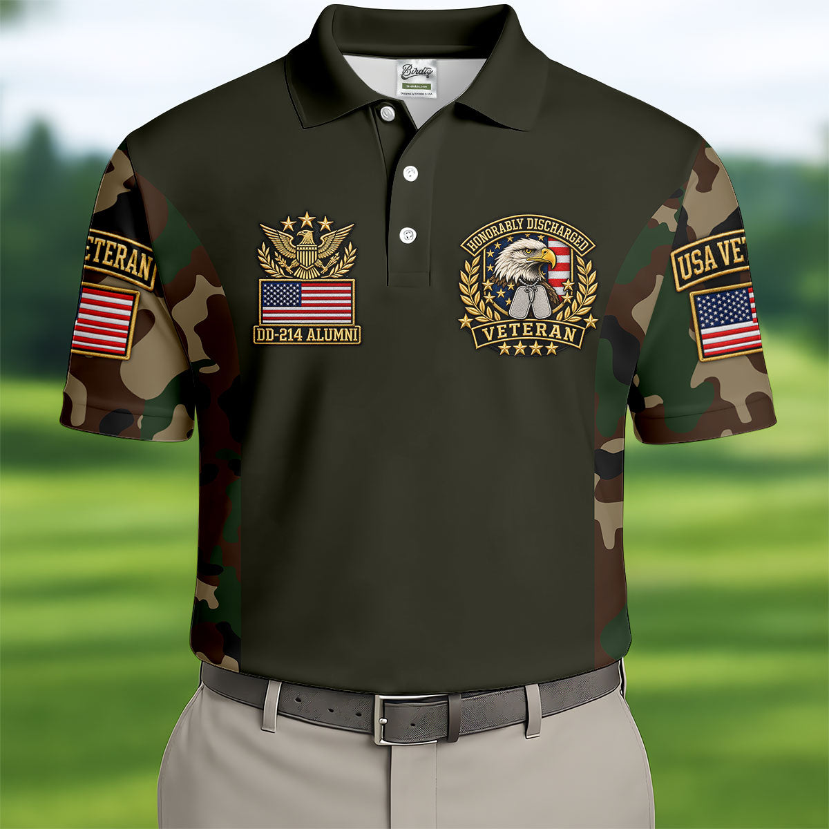 DD-214 Eagle Badge Olive Camo Polo Shirt, Men Golf Apparel, Veterans Day Golf Shirt