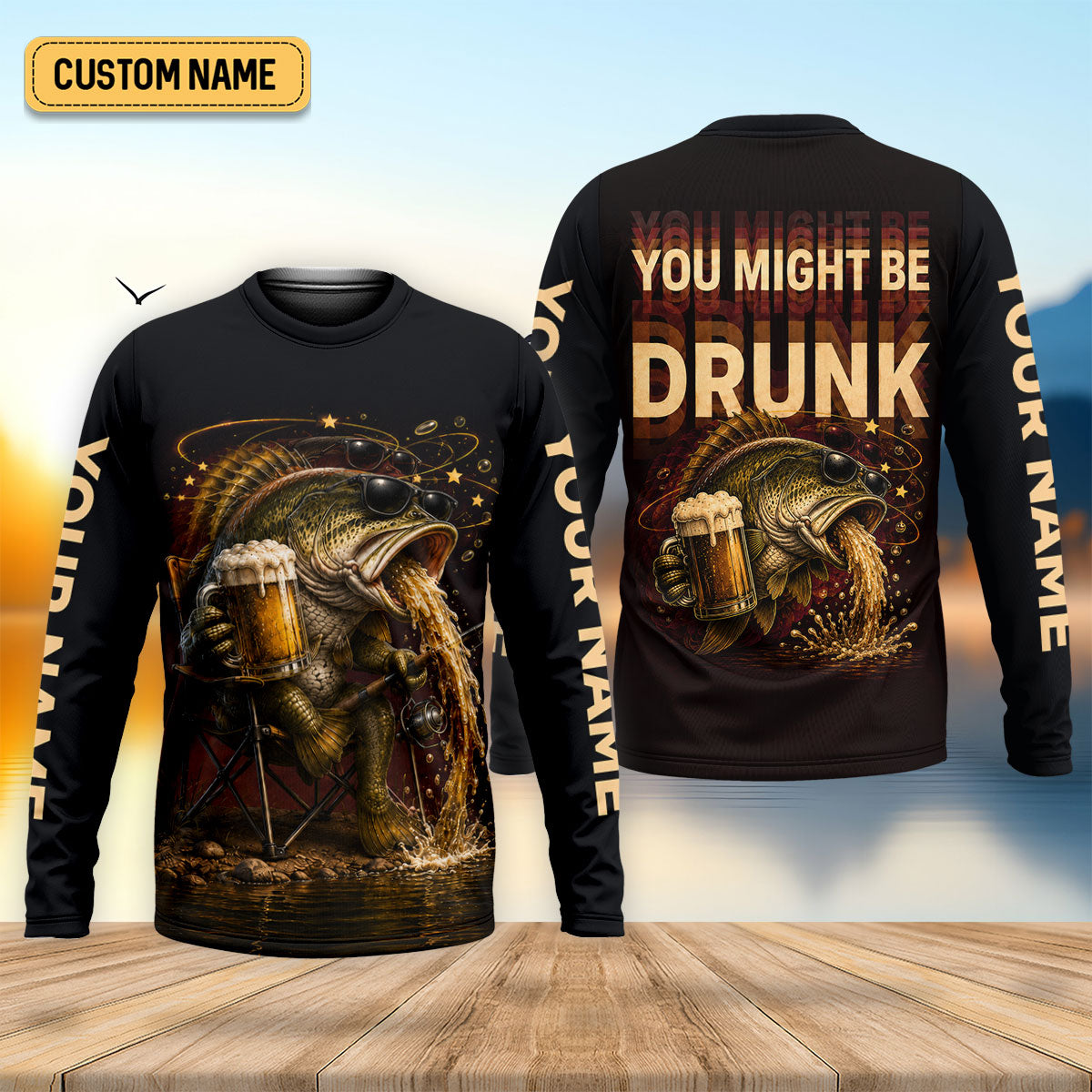 Custom Funny Drunk Bass Fishing UPF Shirt, Long Sleeve Fishing Shirt, Mens Fishing Shirts