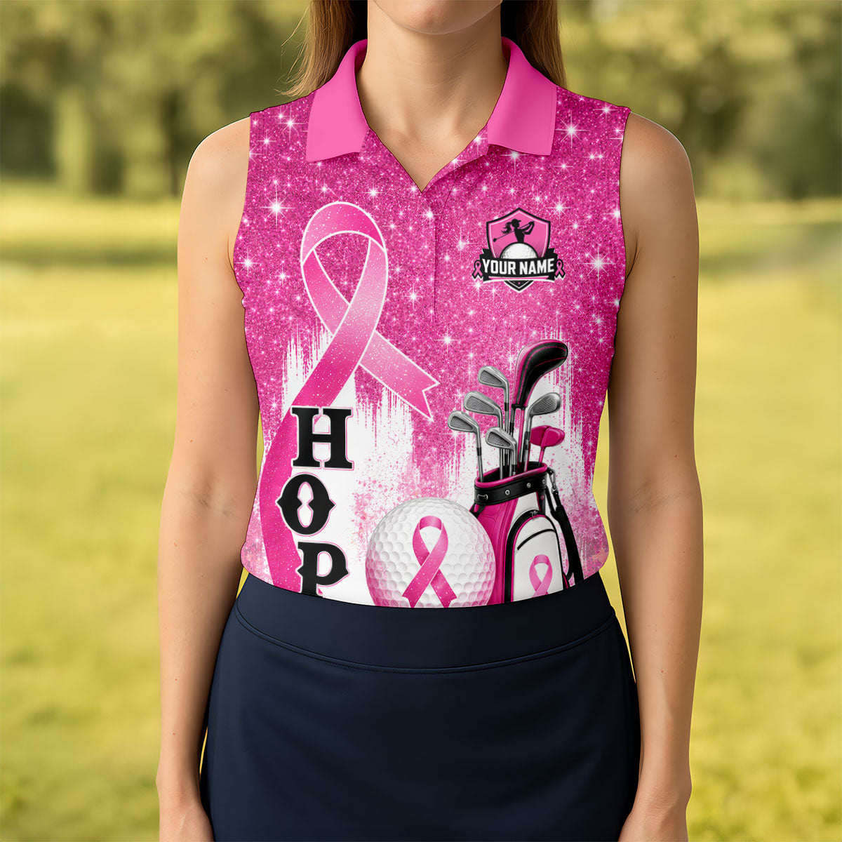 Custom Female Golfer Hope Breast Cancer Polo Shirt, Women’s Golf Apparel, Ladies Golf Top