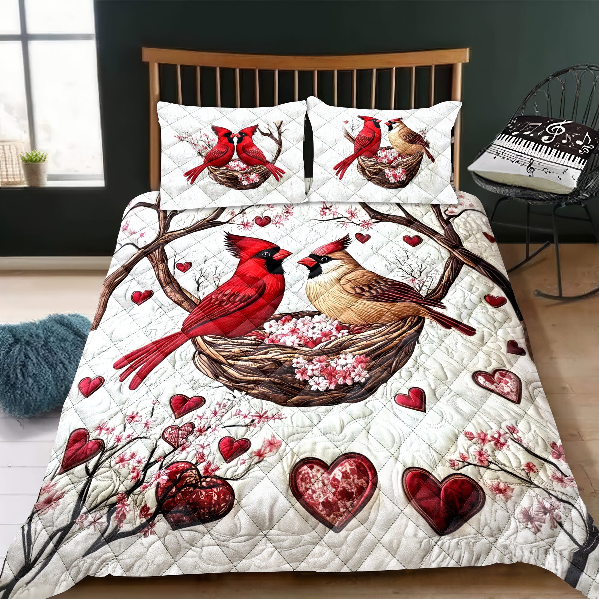 Harmony In Red Couple Bird Quilt Bed Sets, Couple Bedding Set, Couple Valentine Gift, Bird Lover Gift
