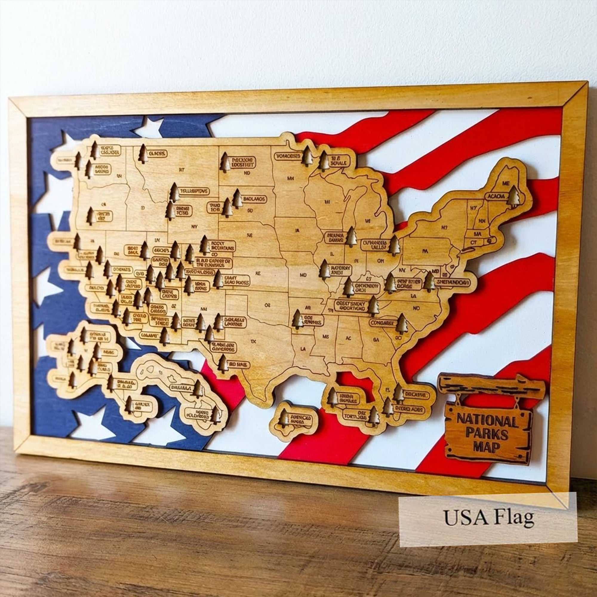 Personalized National Park Map Wooden Checklist Travel With Pins, USA Flag Map, Travel Map Tracker