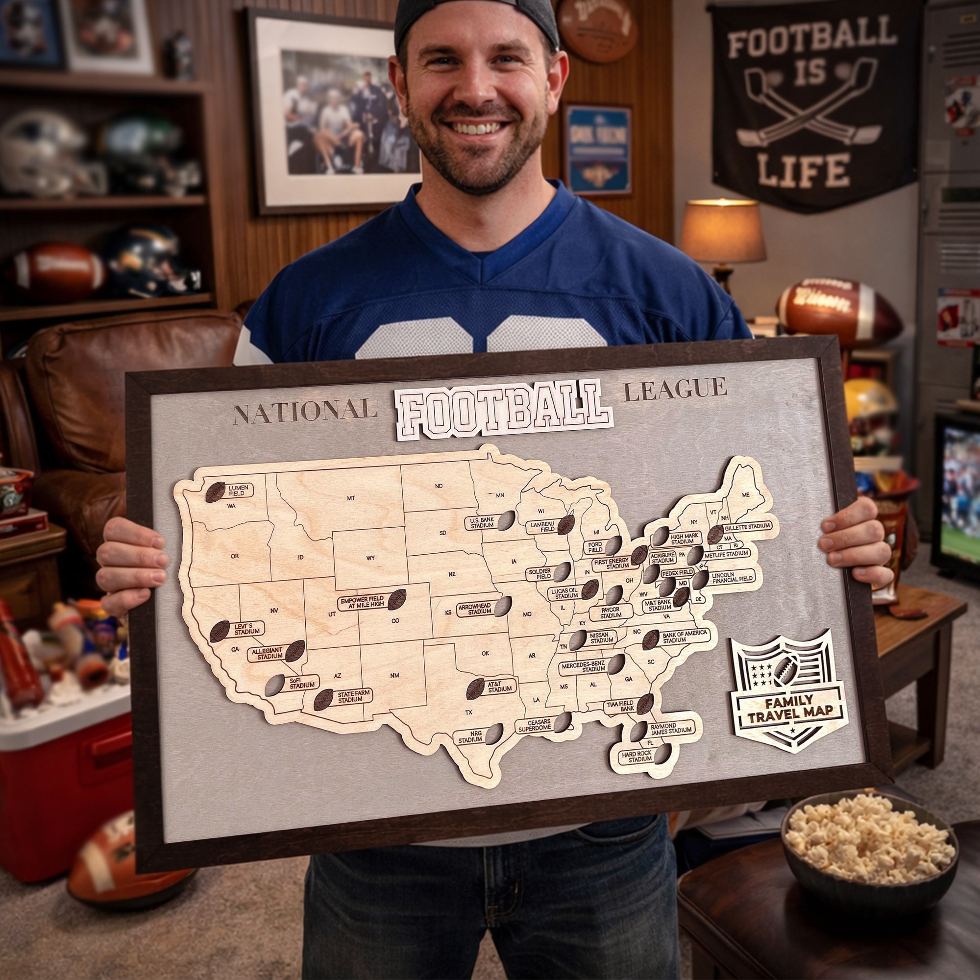 US Football National Stadium Map Wooden Sign, Personalized Family Travel Map With Pins