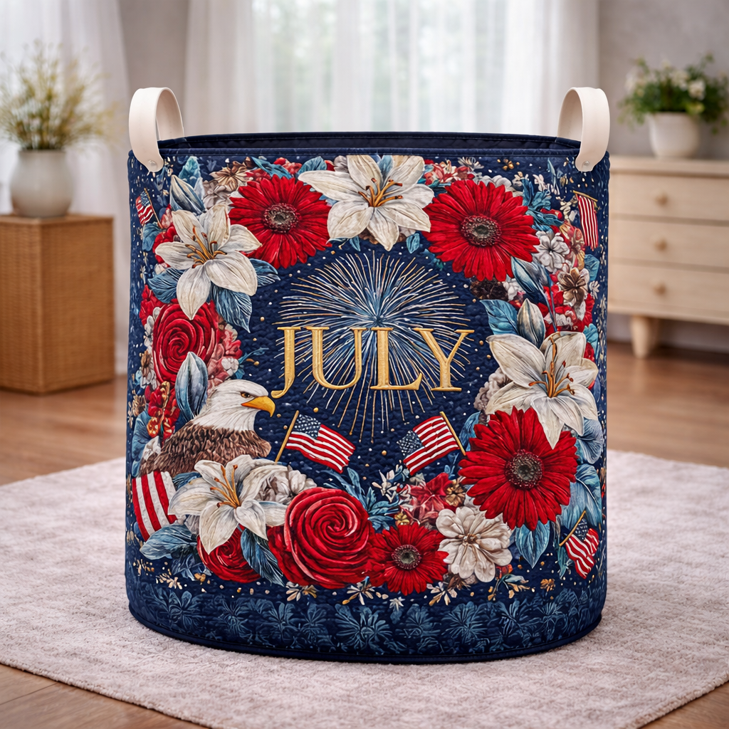 Red Blue White Lily And Rose Flag And Bald Eagle Laundry Basket Laundry Gifts, Patriotic Decor, 4th Of July Gift