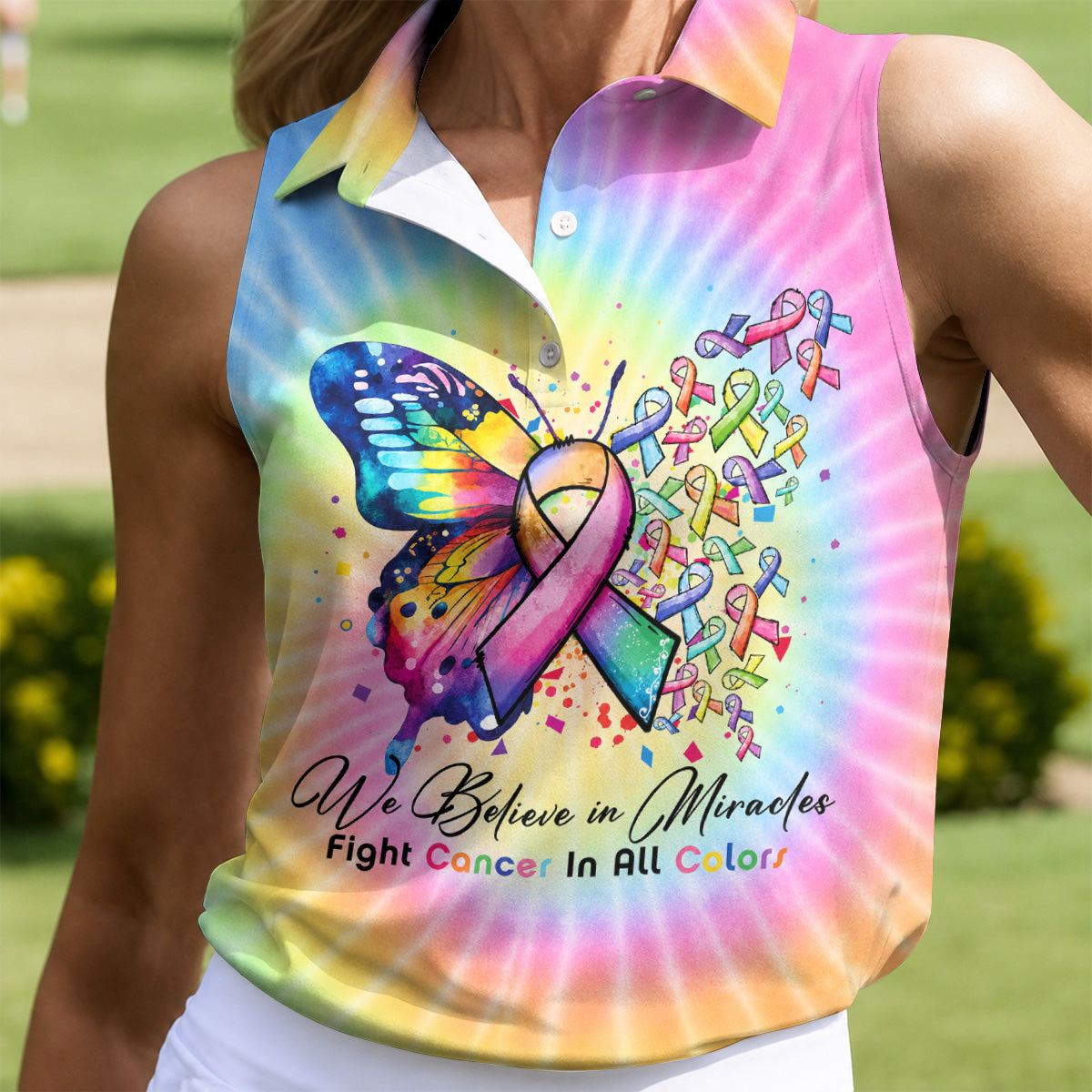 We Believe In Miracles Cancer Ribbon Polo Shirt, Women's Golf Polo, Golf Tops For Women