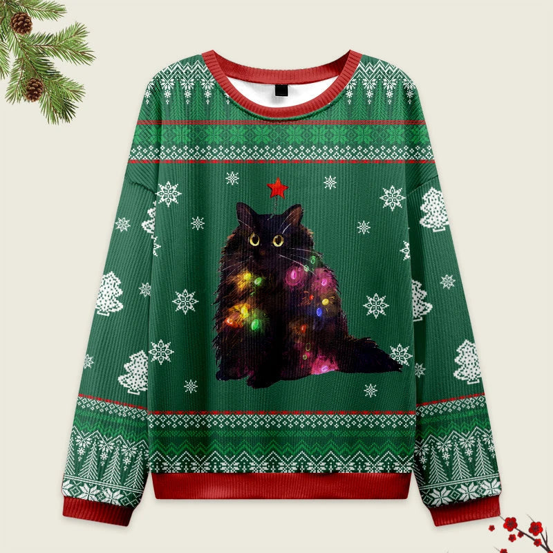 Lights Cat Japanese Green Funny Ugly Sweater, Ugly Xmas Sweater, Christmas Ugly Sweatshirt