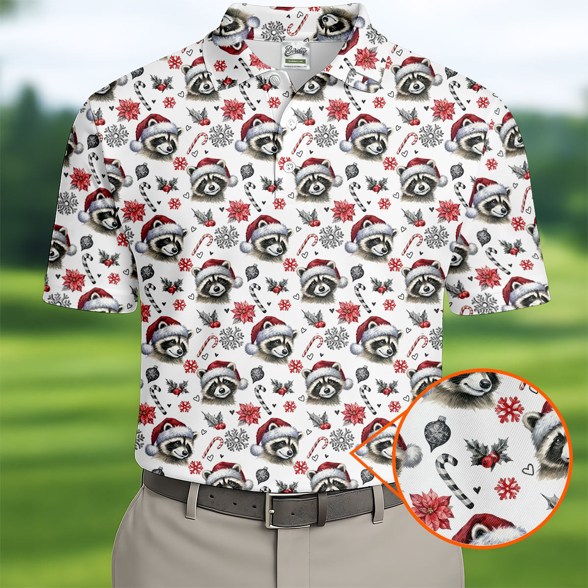 Christmas Raccoon Santa Hat Golf Polo Shirt, Mens Golf Polo, Golf Apparel For Men