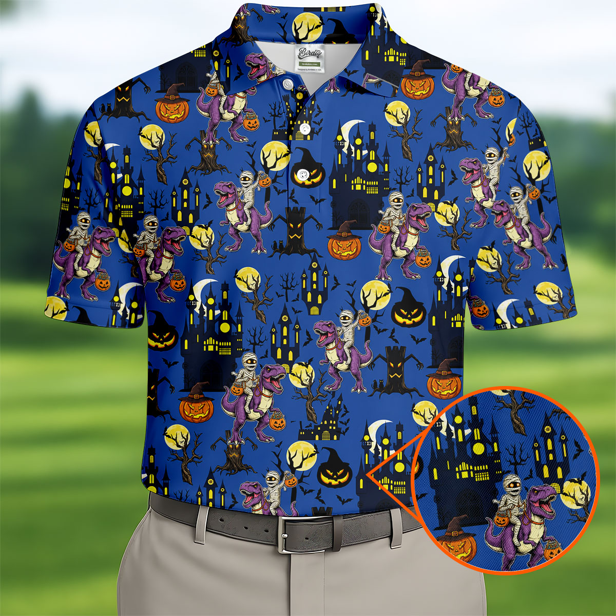 Dinosaur Mummy Pumpkin Halloween Polo Shirt, Mens Golf Shirts, Golf Polo Shirts For Men
