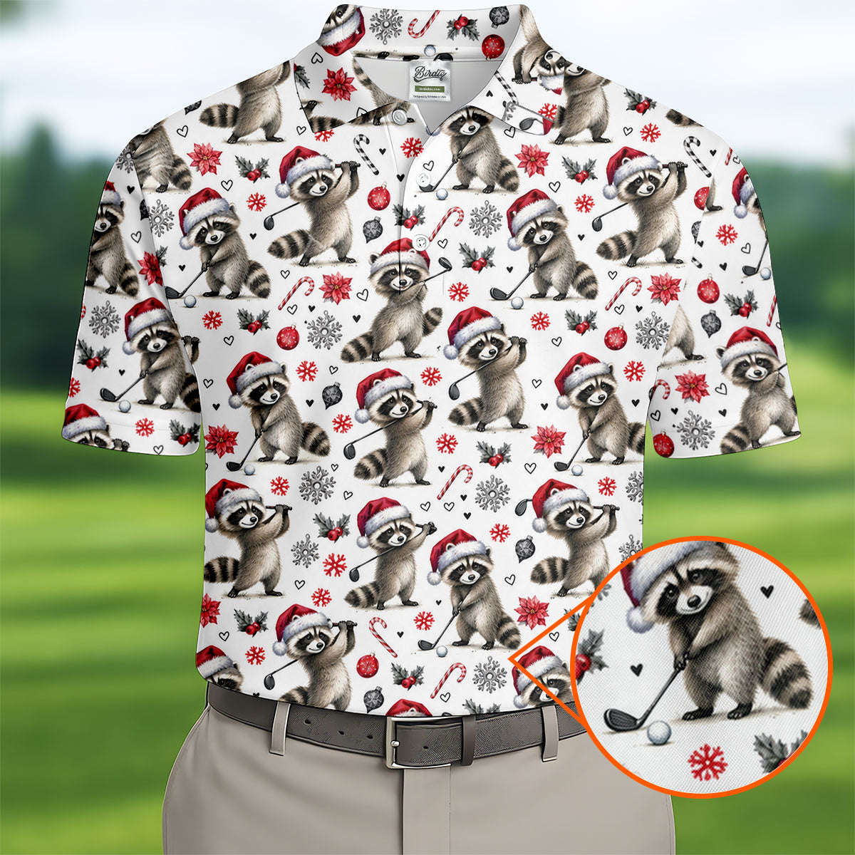 Christmas Raccoon Golfer Santa Hat Golf Polo Shirt, Mens Golf Shirts, Polo Shirts For Men