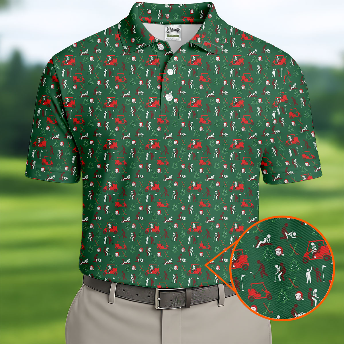 Christmas Golf Cart and Golfer Polo Shirt, Golf Polo Shirts For Men, Mens Golf Shirts