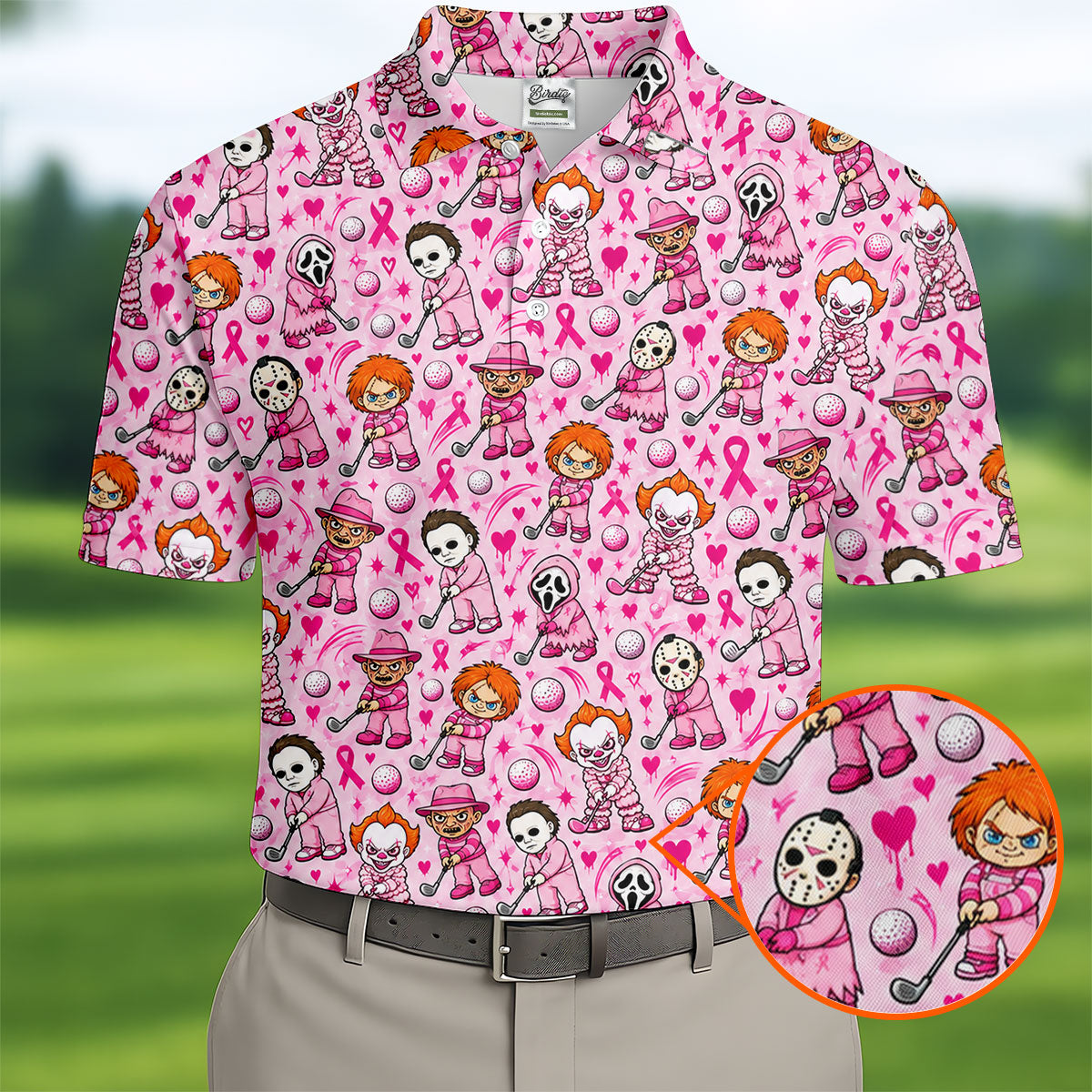 Halloween Horror Character Breast Cancer Polo Shirt, Mens Golf Shirts, Mens Golf Apparel