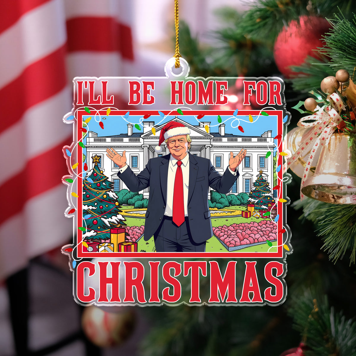 Trump Santa Hat I'll Be Home for Christmas, Trump2024 Christmas Acrylic Ornament, Gift For Trump Supporter