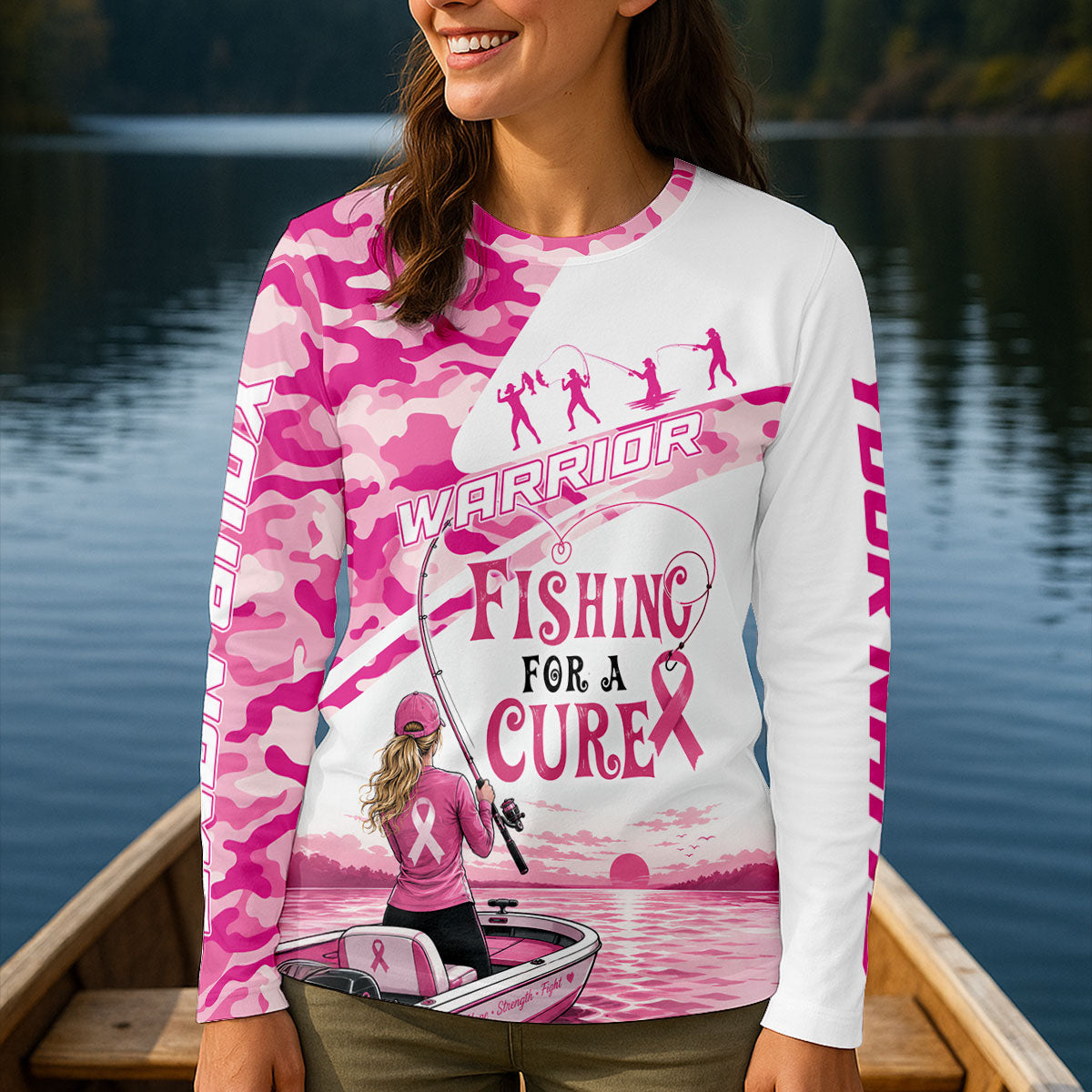 Pink Warrior Fishing For A Cure Breast Cancer Custom UPF Shirt, Fishing Shirt, Mens Tee