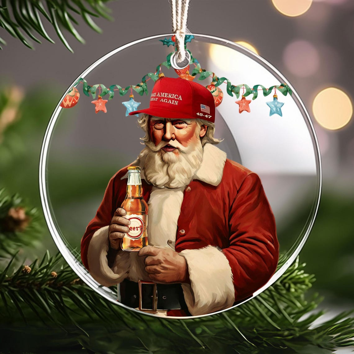 MAGA2024 Santa Make America Great Again Acrylic Ornament, Funny Trump Beer Ornament