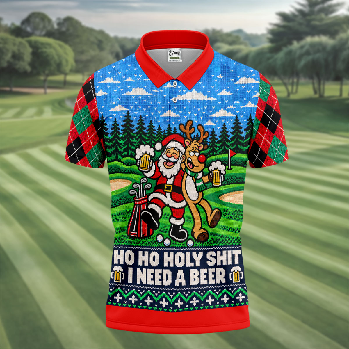 Santa Reindeer Beer Christmas Golf Shirt, Golf Shirts For Men, Mens Golf Apparel