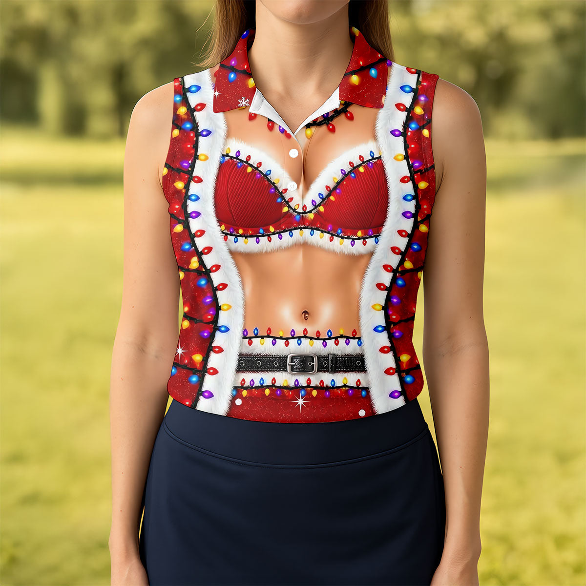 Funny Santa Bra Lights Christmas Golf Shirt, Golf Shirts For Women, Women’s Golf Apparel