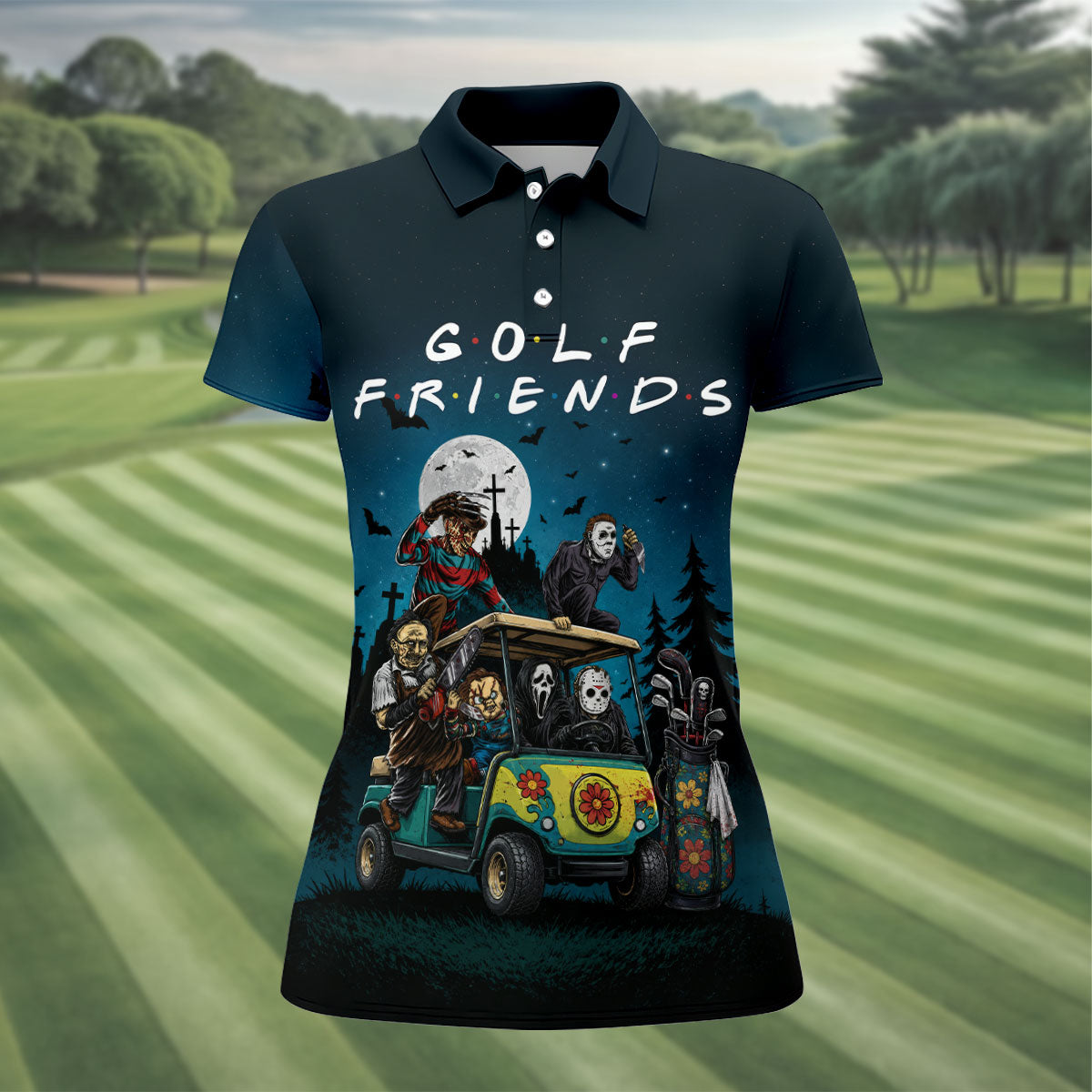 Horror Character Golf Cart Polo Shirt, Halloween Golf Shirt, Womens Halloween Golf Shirt