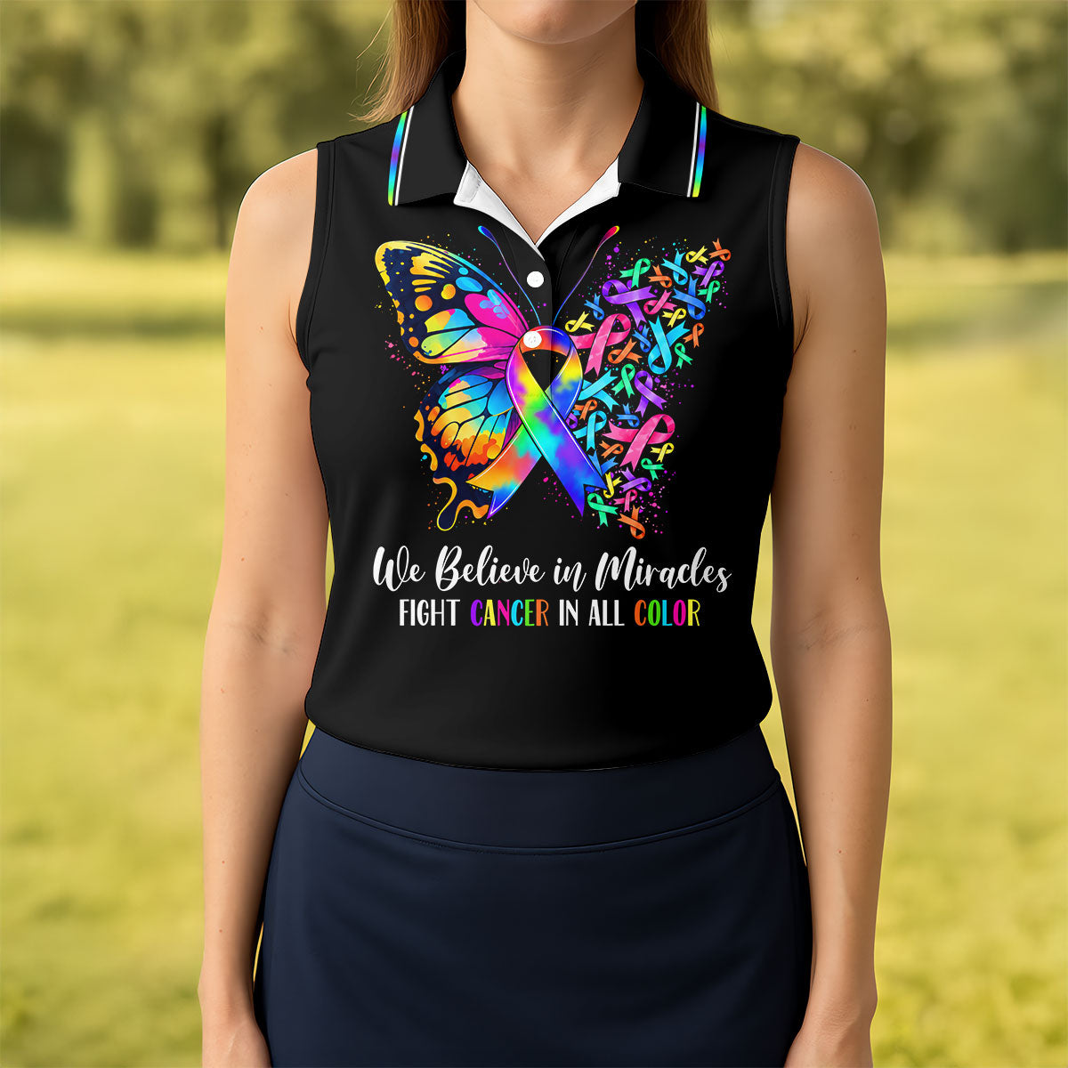 We Believe In Miracles Butterfly Cancer Polo Shirt, Women's Golf Tops, Printed Golf Shirt
