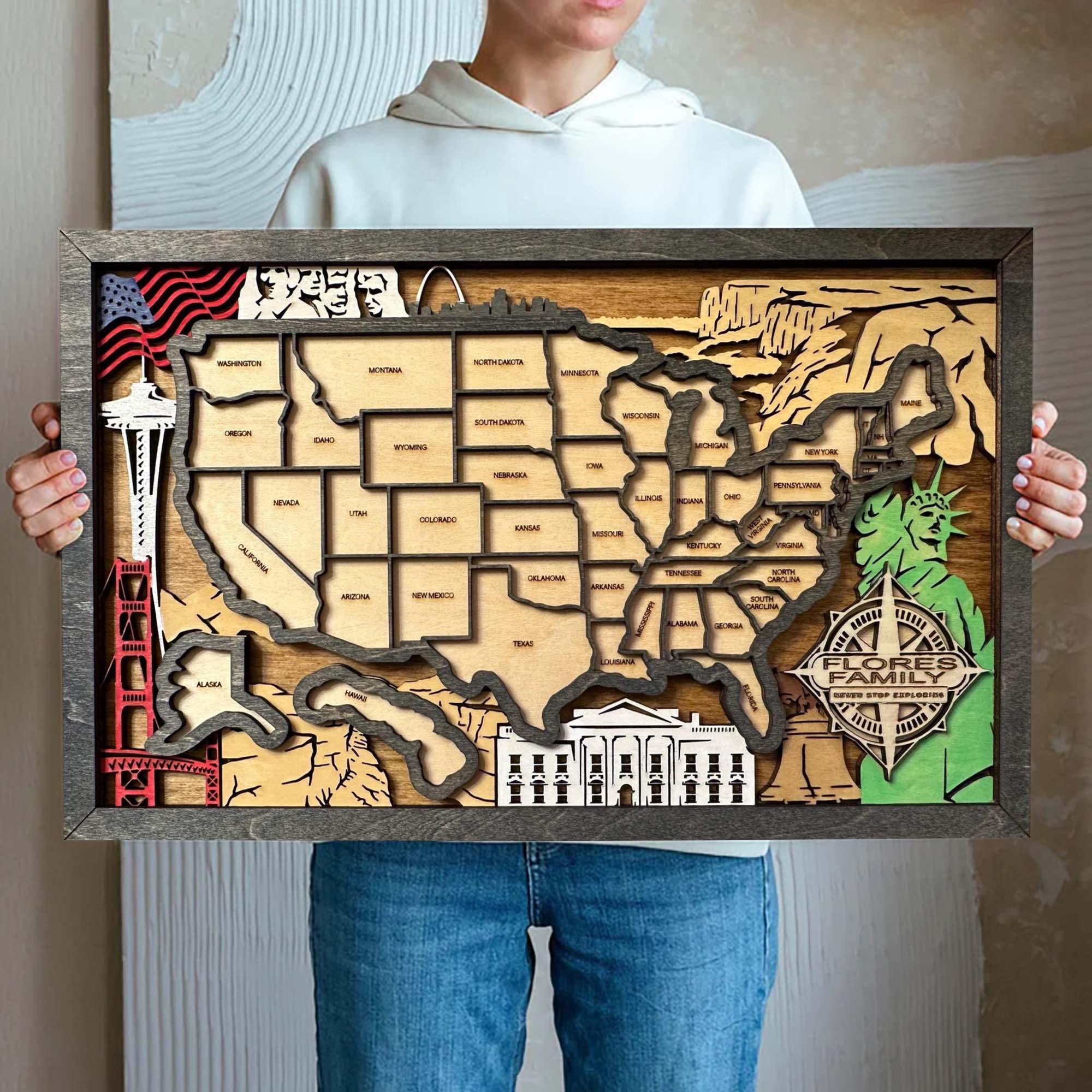 Personalized Wood US Travel Map, Landmarks Travel Map Tracker, Road Trip Tracker, Gift for Travelers