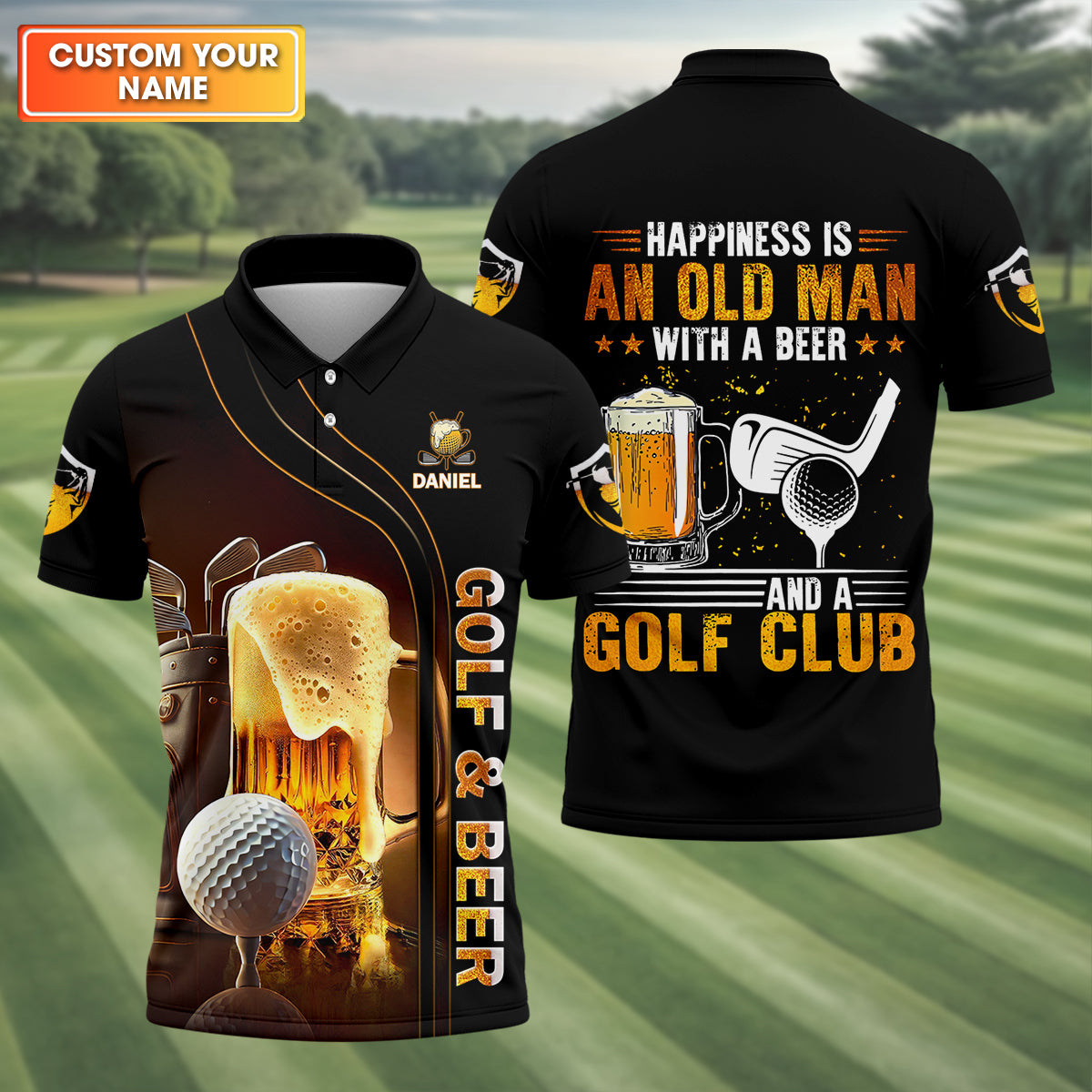 Happiness Is An Old Man With A Beer And A Golf Club Custom Men's Golf Polo Shirt, Golf Lovers Gift