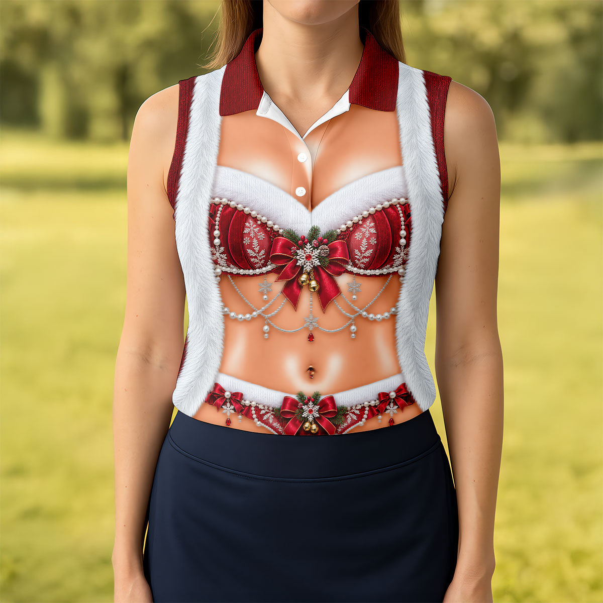Elegant Santa Bra Bow Christmas Golf Shirt, Golf Shirts For Women, Women’s Golf Apparel