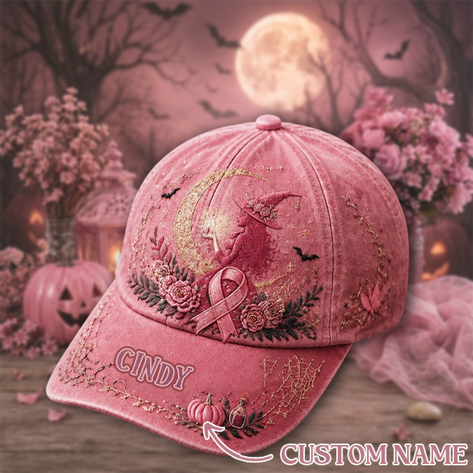 Witch Breast Cancer Awareness October Custom Name Hat, Breast Cancer Awareness Cap