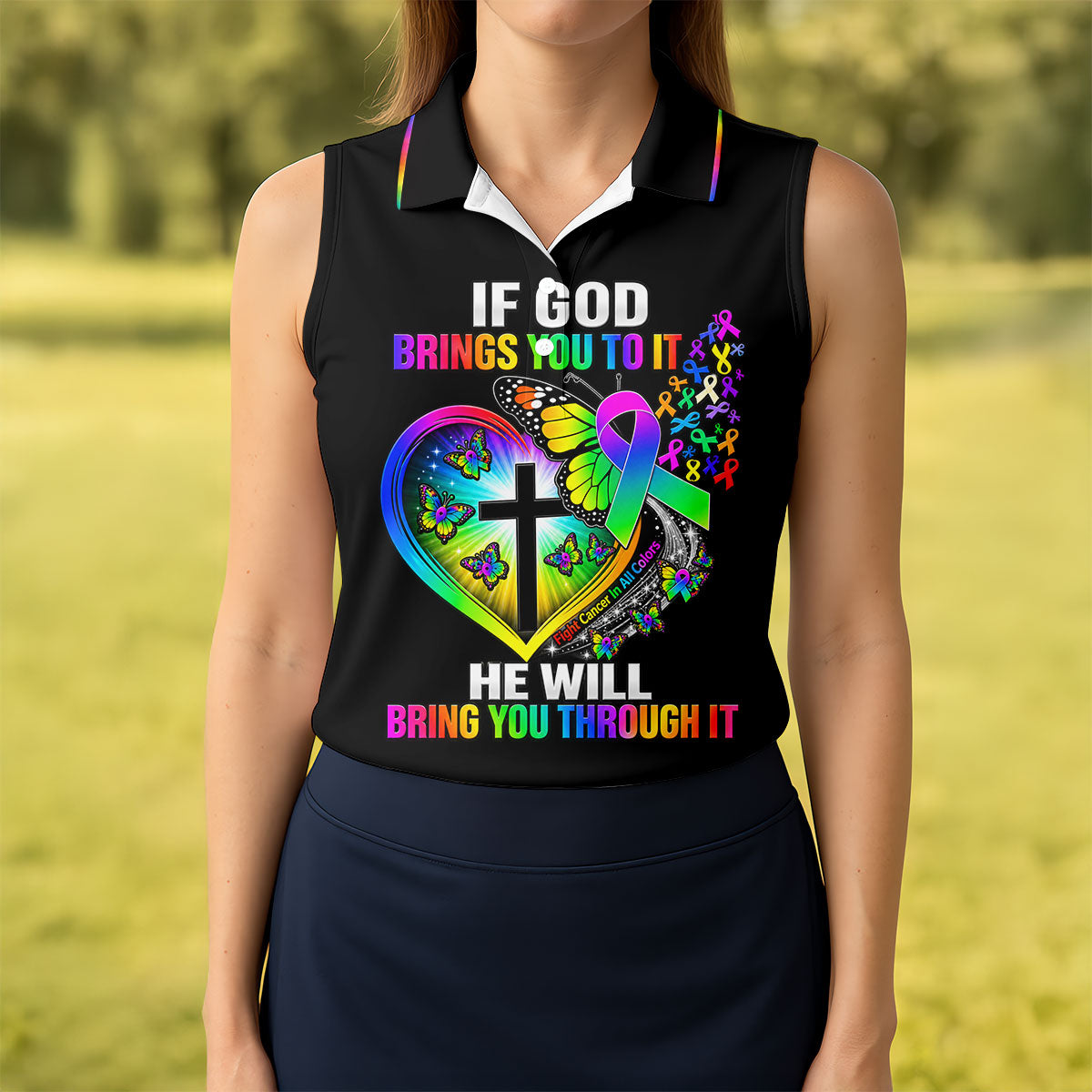 If God Brings You To It Butterfly Cancer Polo Shirt, Ladies Golf Tops, Printed Golf Shirt
