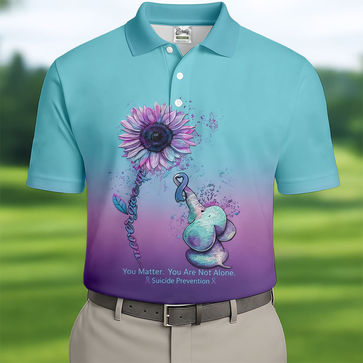 Never Give Up Elephant Sunflower Suicide Prevention Polo Shirts For Men, Men's Golf Shirt