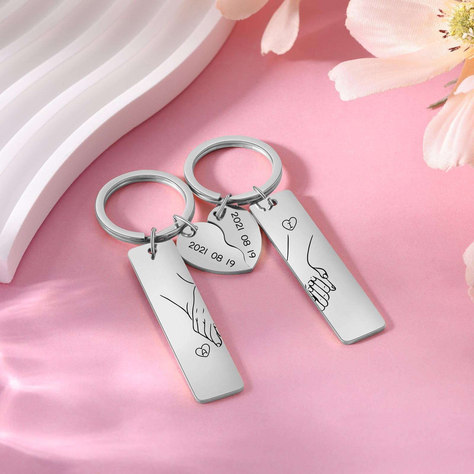 Personalized Hand in Hand Couple Keychain Set, Matching Keychains