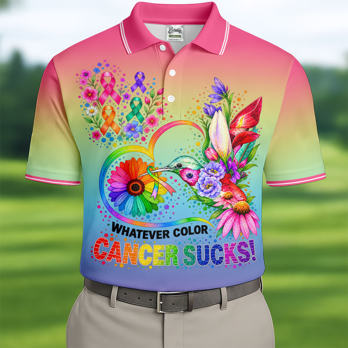 Whatever Color Cancer Sucks Hummingbird Polo Shirt, Mens Golf Polo, Men's Golf Shirt