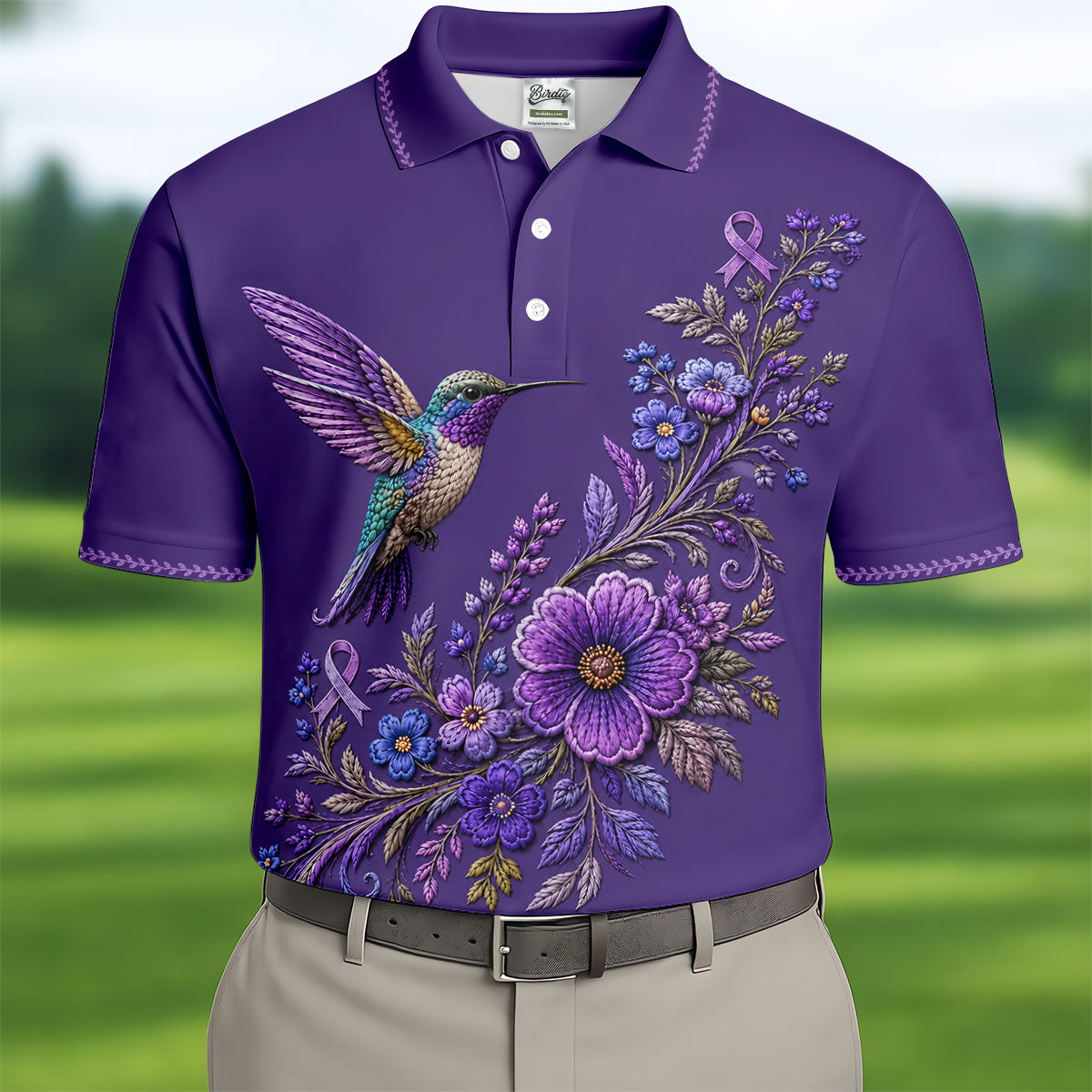 Purple Hummingbird Cancer Awareness Polo Shirt, Golf Shirts For Men, Mens Golf Apparel