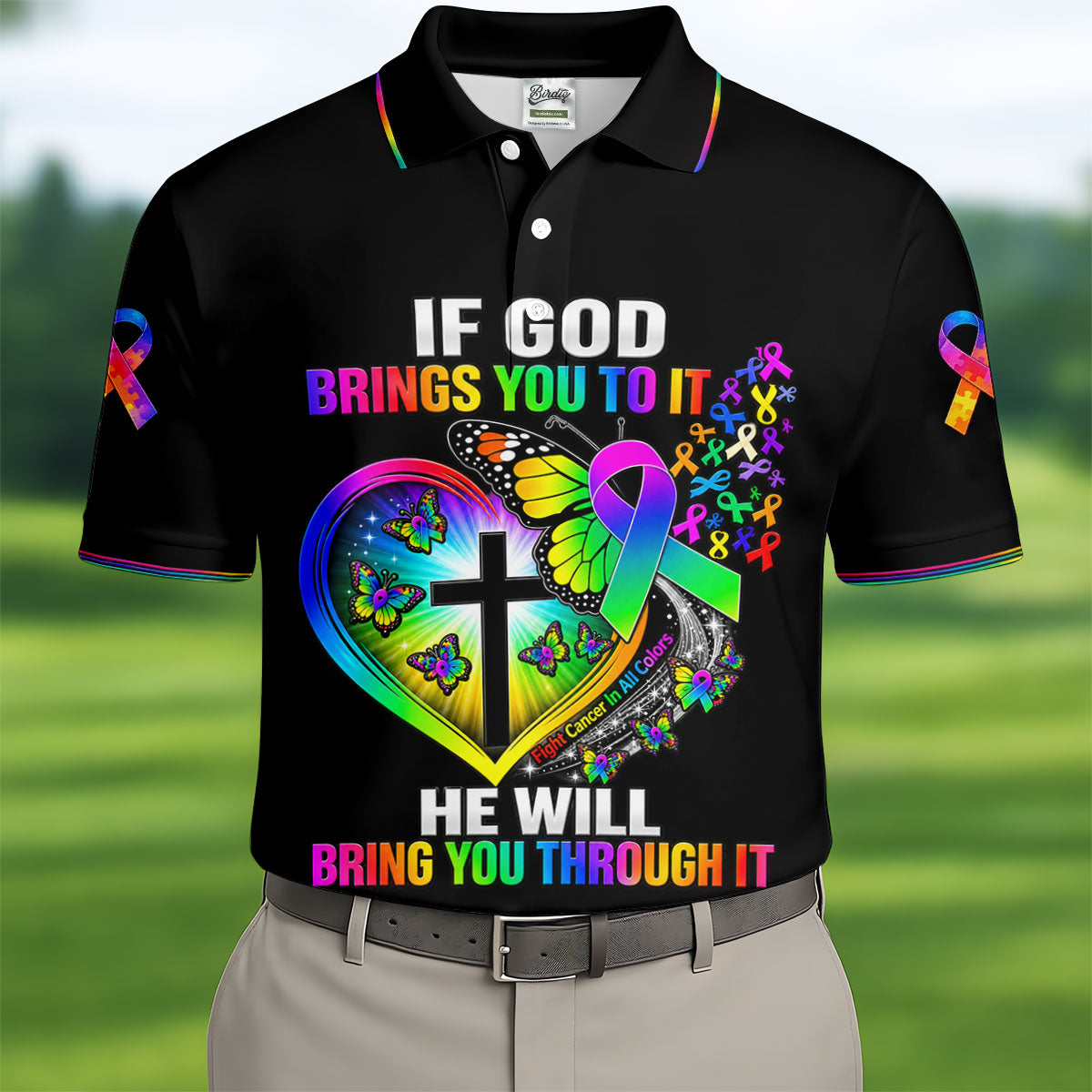 If God Brings You To It Butterfly Cancer Polo Shirt, Mens Golf Polo, Men's Golf Shirt
