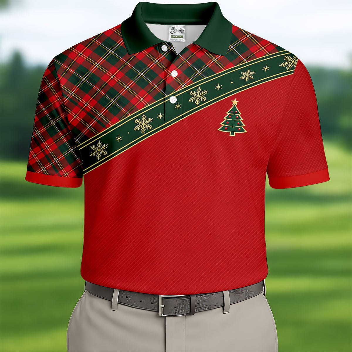 Red Plaid Snowflake Tree Christmas Golf Shirt, Mens Golf Polo, Golf Shirts For Men