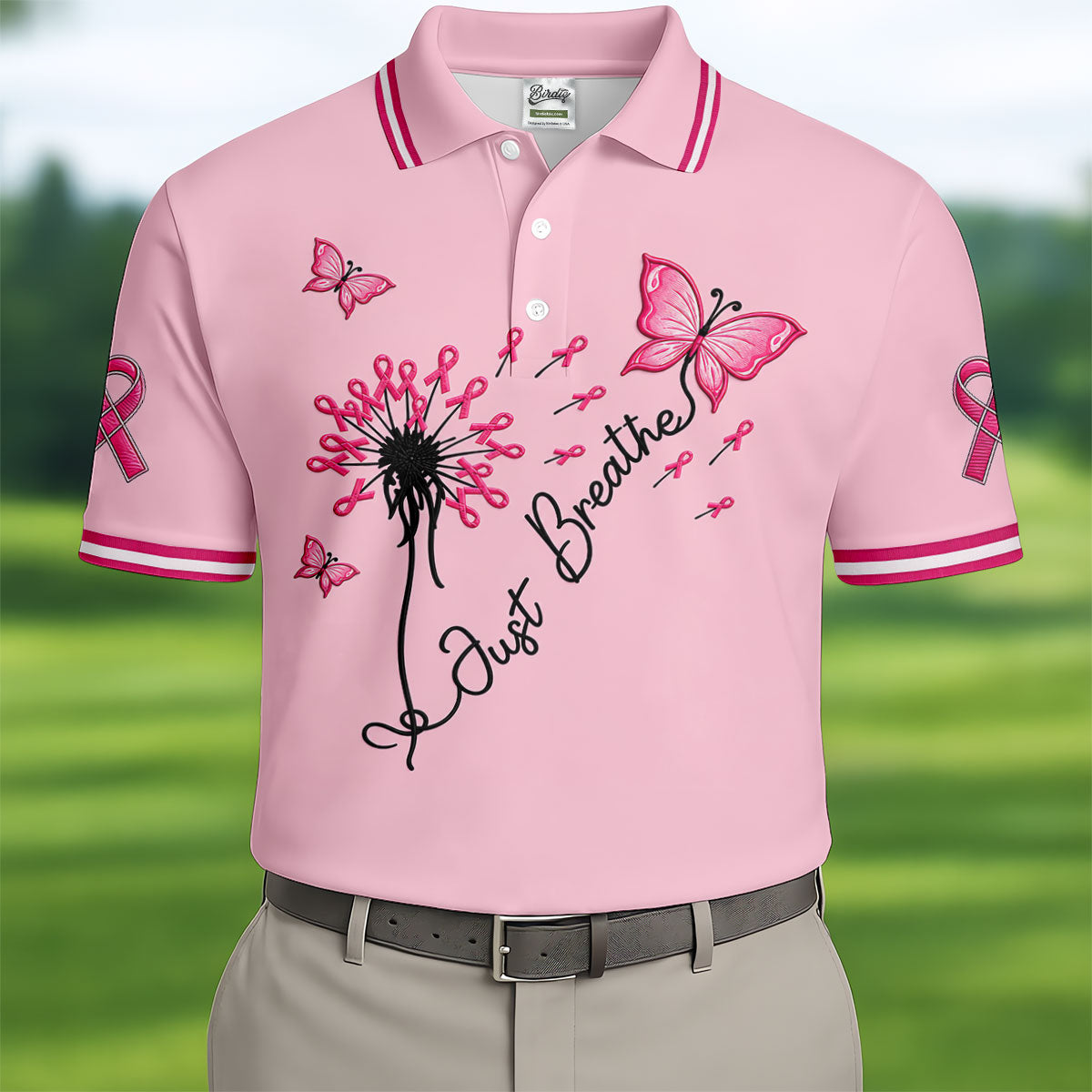 Just Breathe Butterfly Pink Ribbon Breast Cancer Polo Shirt, Polo Shirts For Men