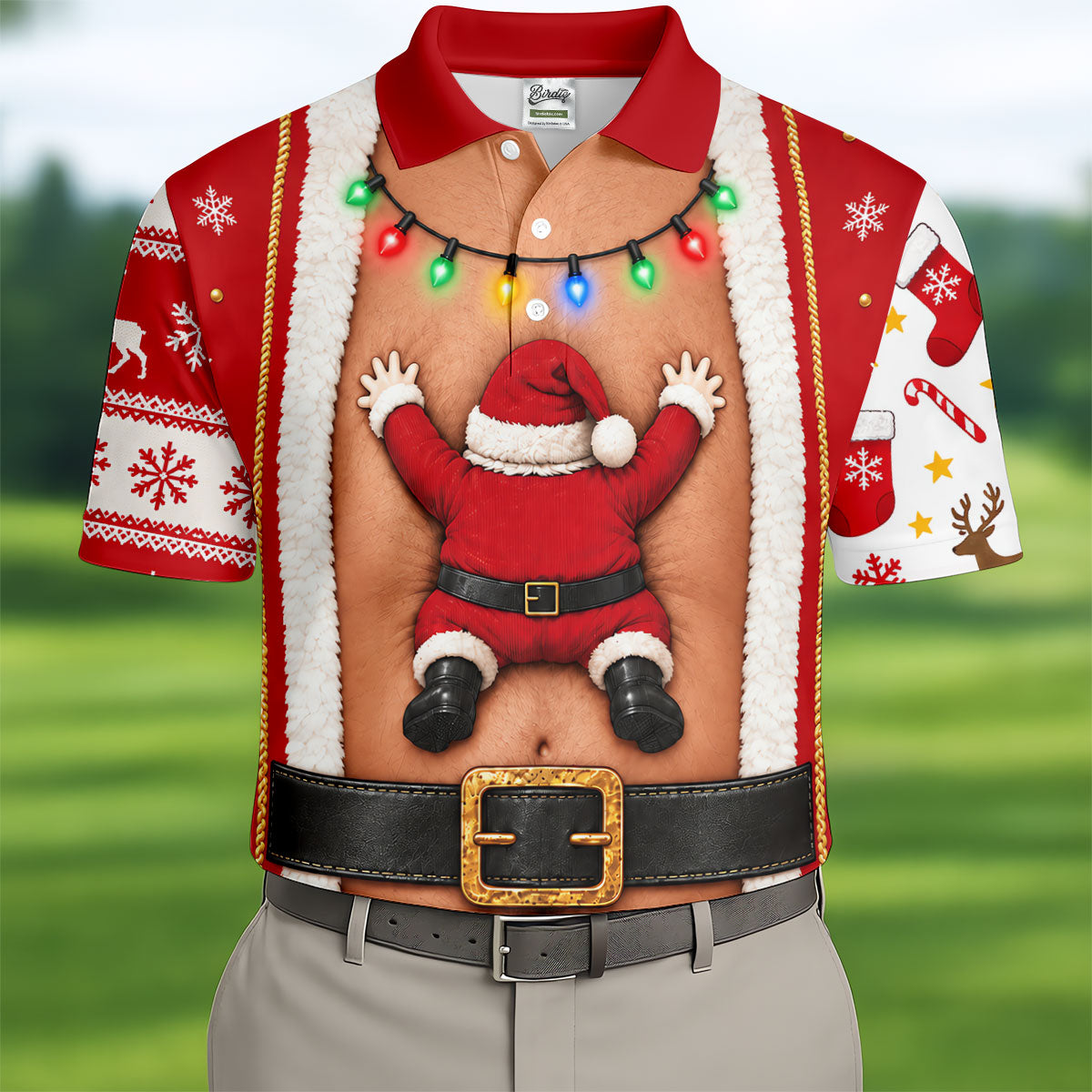 Santa Stuck In Belly Christmas Golf Shirt, Mens Golf Shirts, Golf Apparel For Men