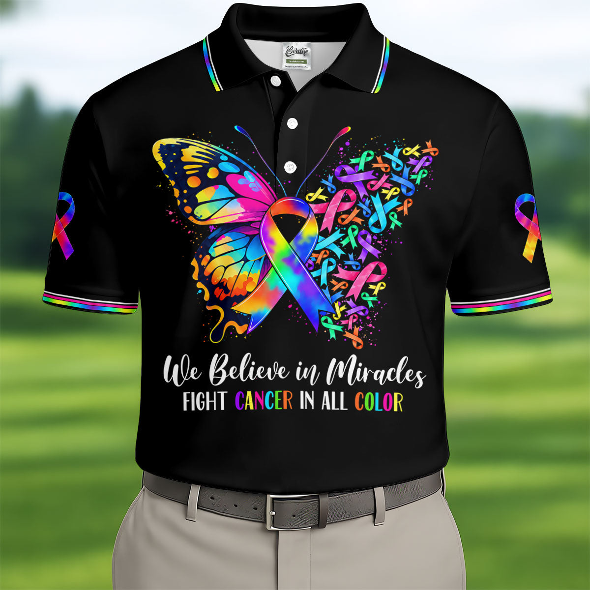 We Believe In Miracles Butterfly Cancer Polo Shirt, Mens Golf Polo, Golf Apparel For Men