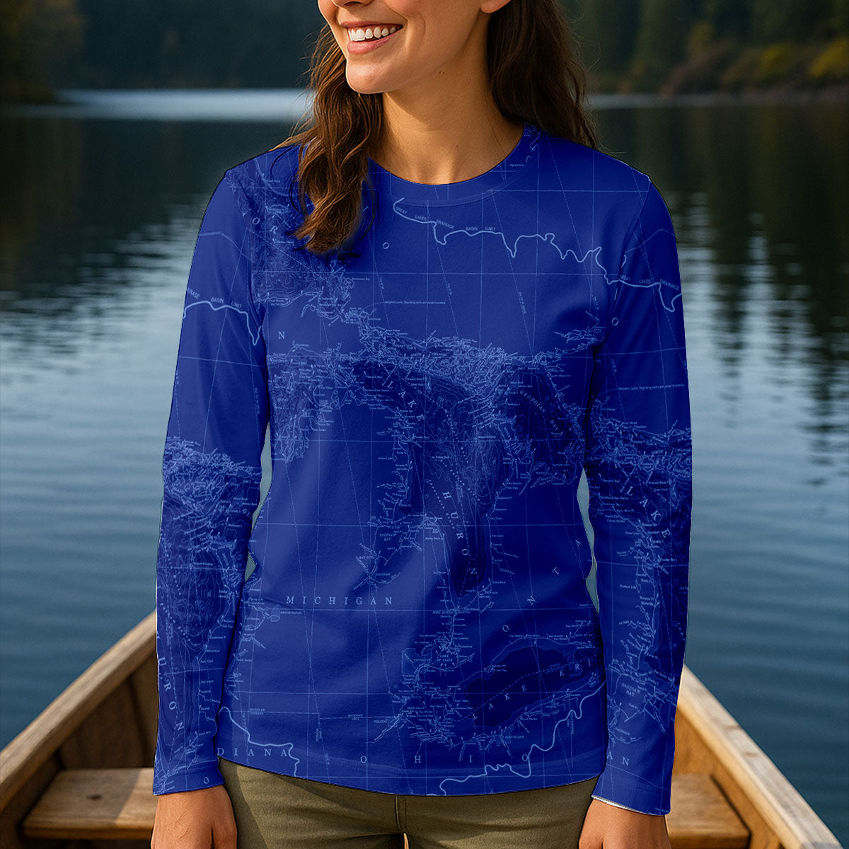 Lake Huron Blue Map Fishing UPF Shirt, Performance Fishing Shirt, Womens Fishing Apparel