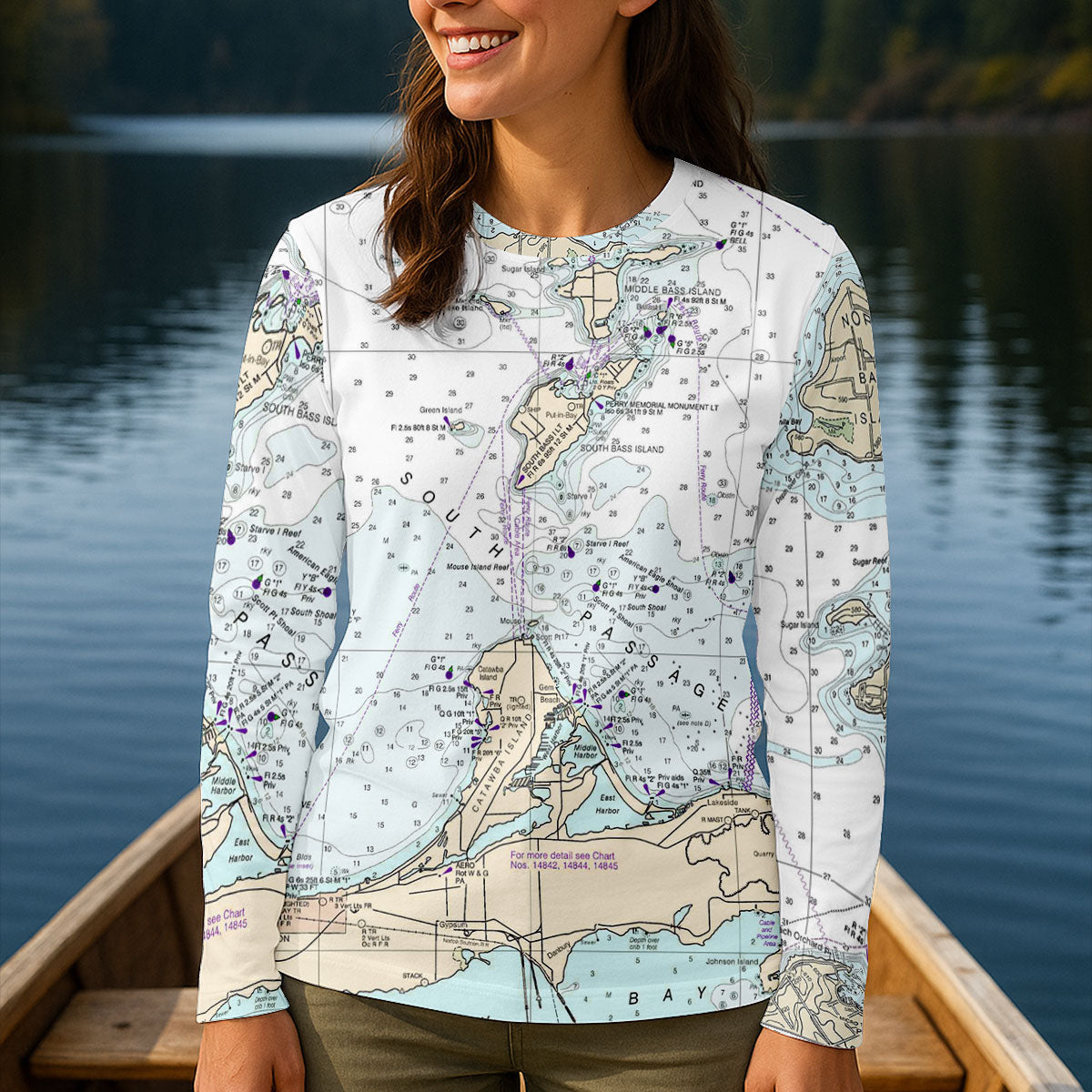 Lake Erie Bass Islands Fishing Map UPF Shirt, Fishing Jersey, Womens Fishing Shirt