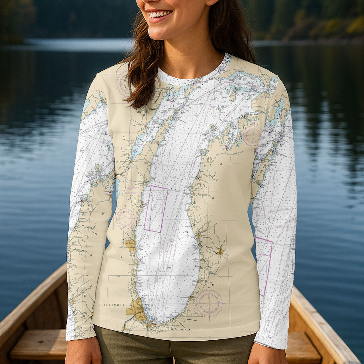 Lake Michigan Nautical Map Fishing UPF Shirt, Fishing Sun Shirt, Womens Fishing Shirt