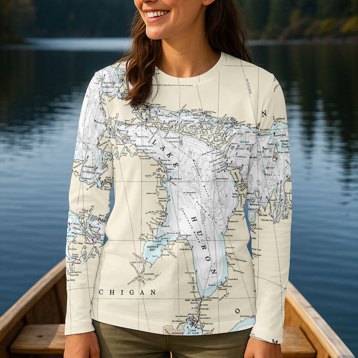 Vintage Lake Huron Map UPF Shirt, Long Sleeve Fishing Shirt For Women, Fishing Sun Shirt