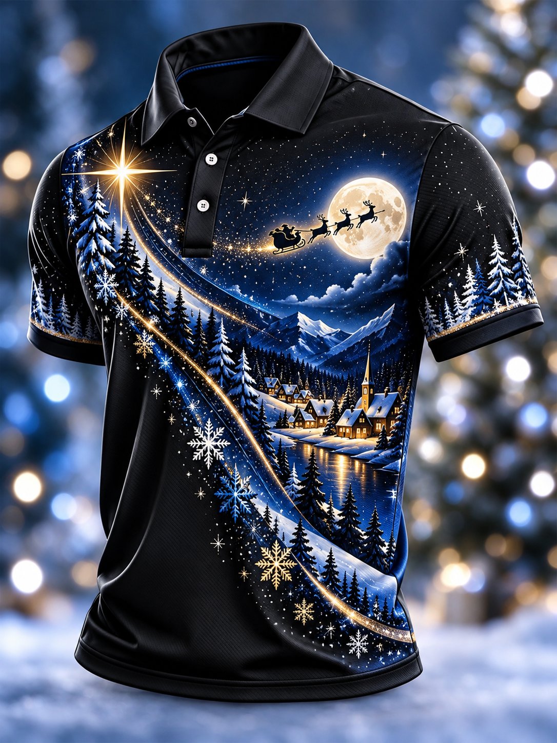 Santa Sleigh Moonlight Christmas Polo Shirt for Men